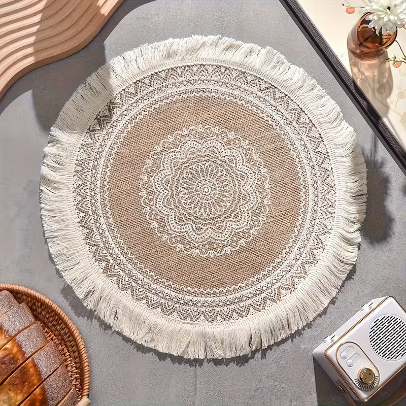 2pcs Round Woven Fringe Placemats