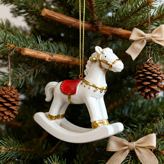 White Resin Rocking Horse Christmas Ornament