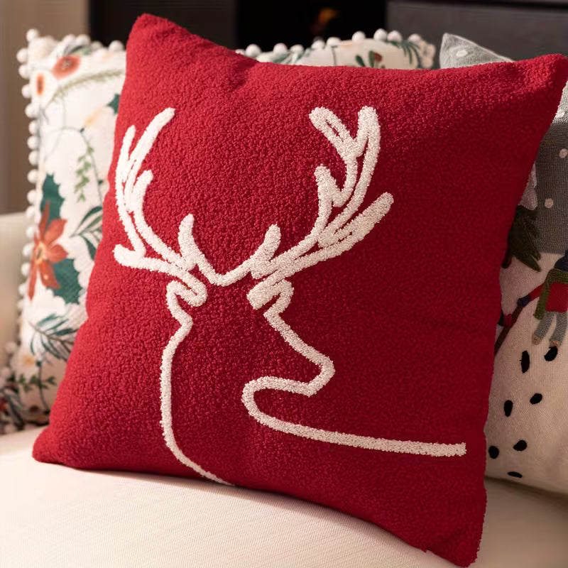 Red Plush Reindeer Christmas Pillow Cover