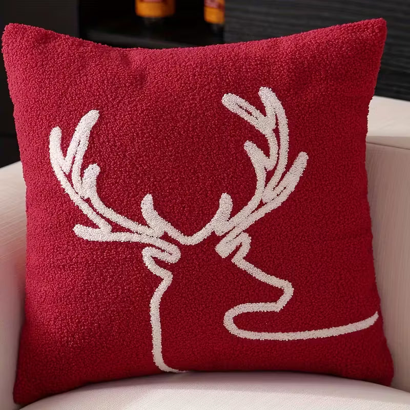 Red Plush Reindeer Christmas Pillow Cover