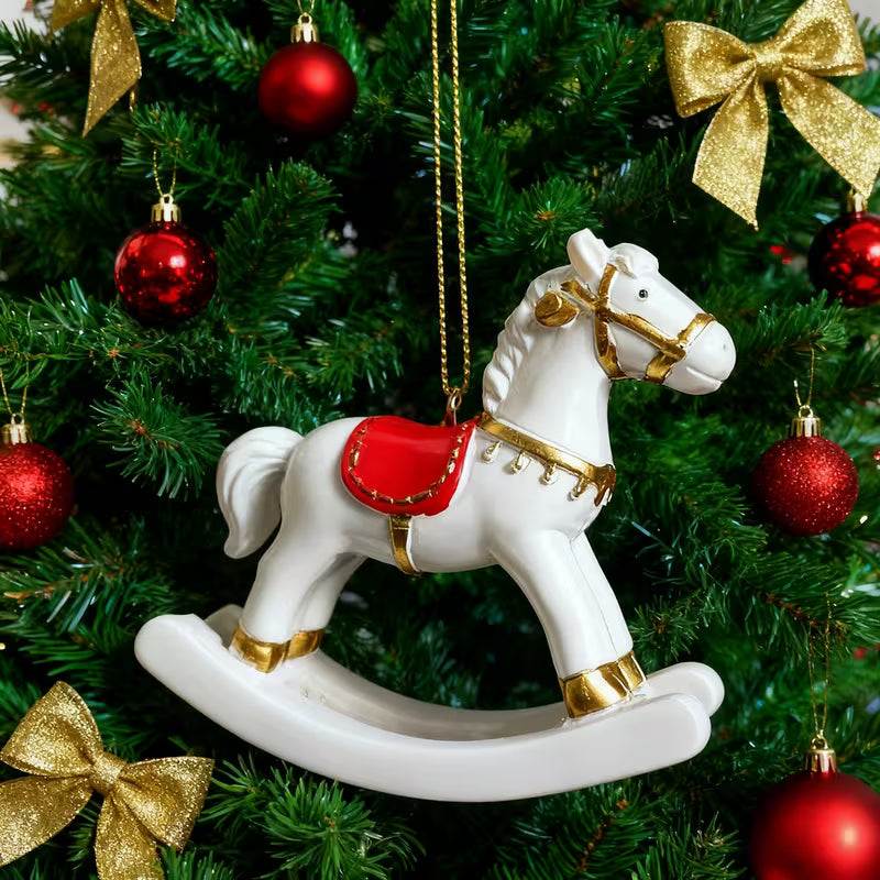 White Resin Rocking Horse Christmas Ornament