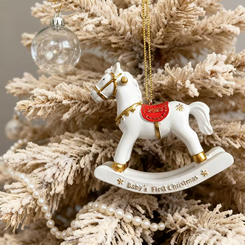 White Resin Rocking Horse Christmas Ornament