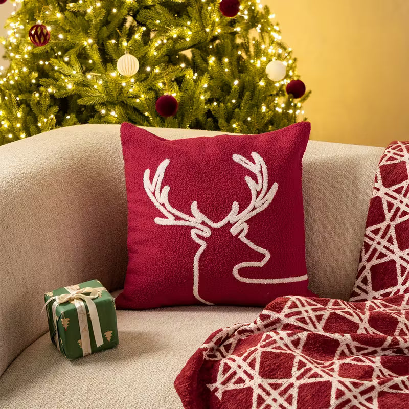 Red Plush Reindeer Christmas Pillow Cover