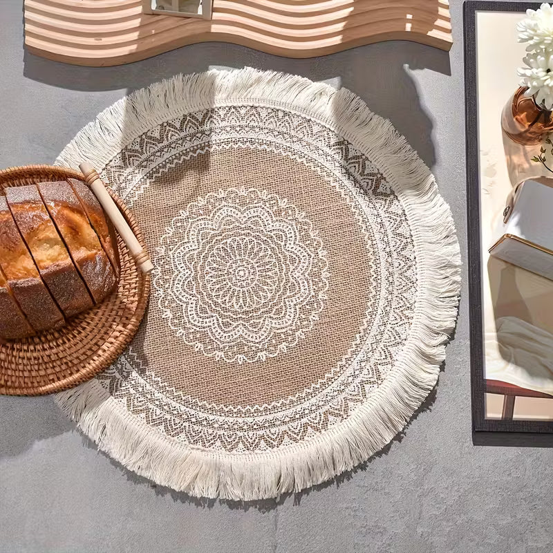 2pcs Round Woven Fringe Placemats