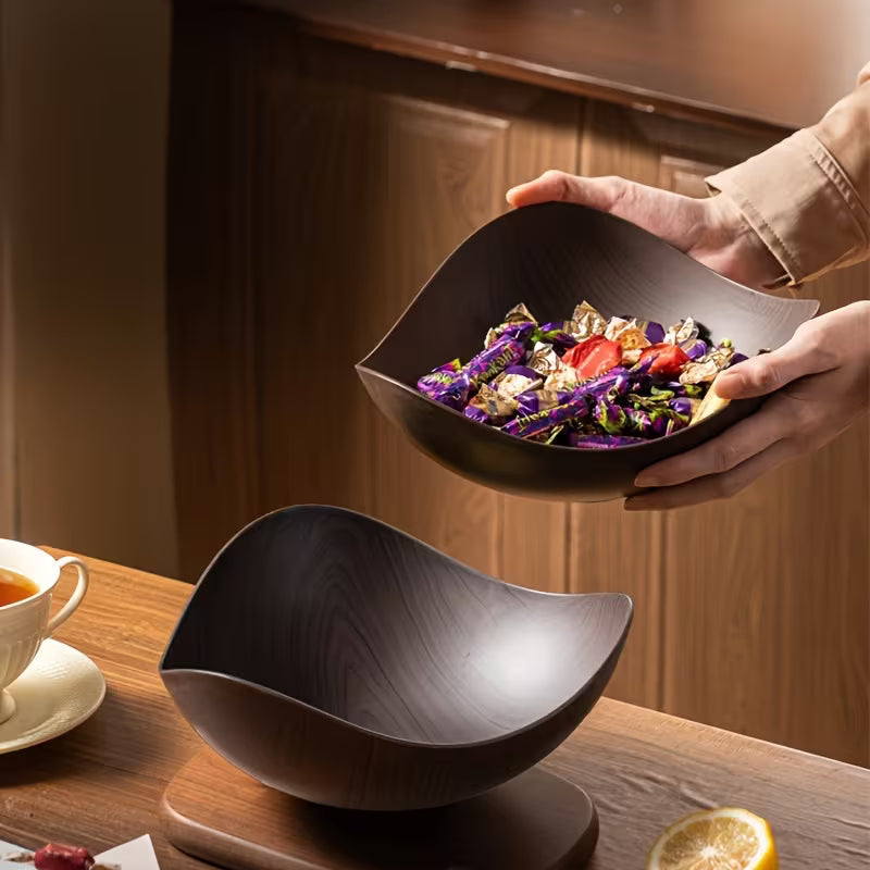 Large Wood-Grain Plastic Serving Bowl