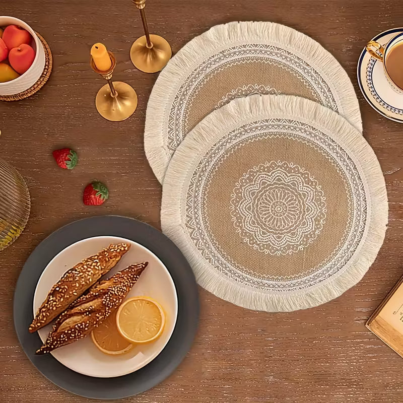 2pcs Round Woven Fringe Placemats