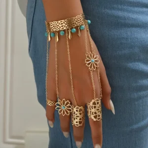 Bracelet de Doigt Bohème Doré – Pompon Turquoise